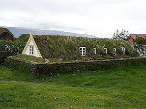 舒适绿色被顶房顶的草皮议院在冰岛