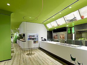Färsk restaurangdesign visar fet naturfärg och rolig skogs grafik