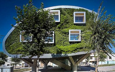 Zelena prototipna zgrada izgleda divno stablo sa sustavom Windows