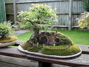 Μικρό σπίτι Hobbit σκαλισμένα σε δέντρα μπονσάι