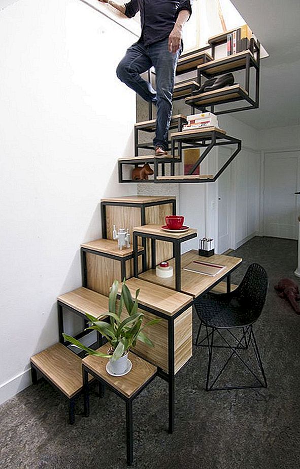 Stůl, úložné prostory a regály vše kombinované v inovativním schodišti